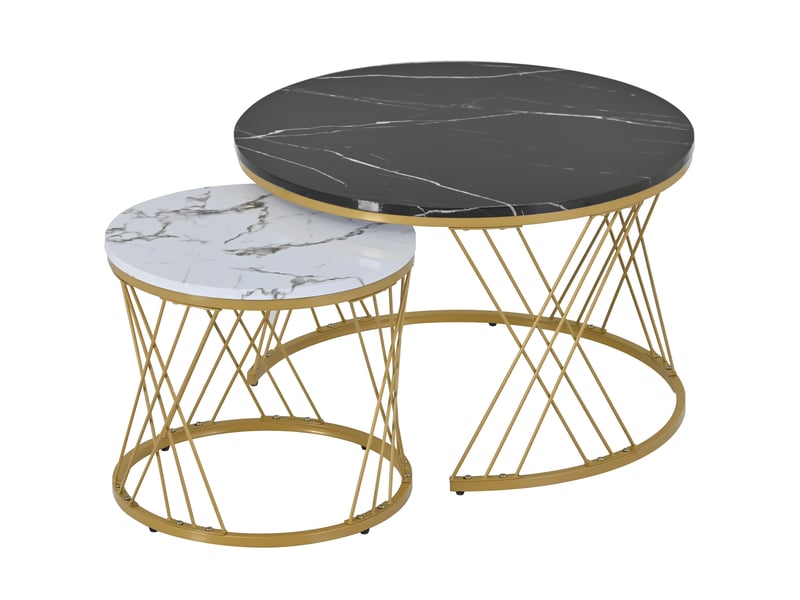  Ensemble de 2 tables basses gigognes modernes, en placage marbre, style gigogne, rondes, avec cadre doré.  - Conforama E