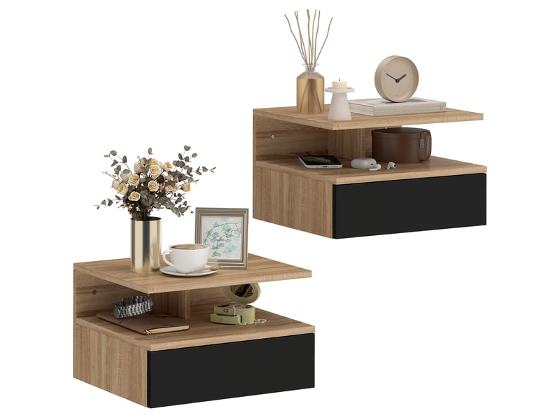  Lot de 2 tables de chevet murales, tables de nuit suspendues avec tiroir, étagère ouverte, 35x32x22,5cm, noir et chêne  - Conforama A
