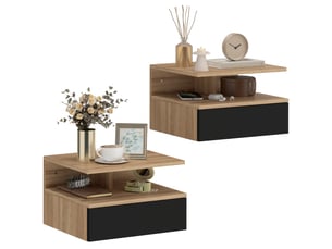 Lot de 2 tables de chevet murales, tables de nuit suspendues avec tiroir, étagère ouverte, 35x32x22,5cm, noir et chêne