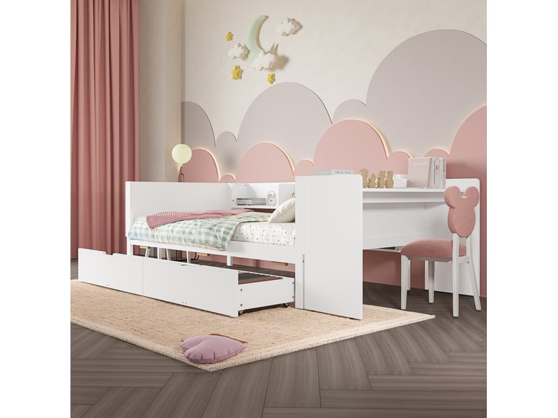 Lit avec rangement 90x200 cm blanc avec bureau, étagères et 2 tiroirs - Conforama E