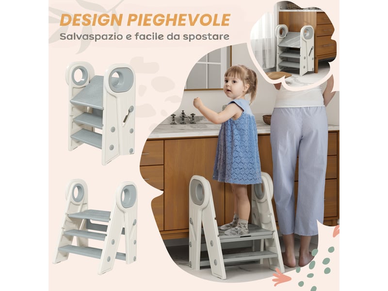  Tour montessori pour enfants, pliable, 3 marches réglables, avec poignée et surface antidérapante, grise  - Conforama E