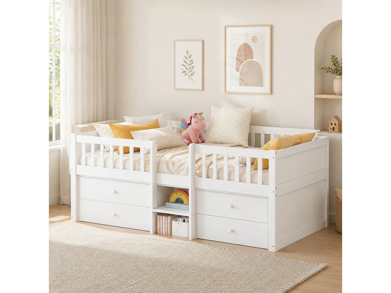  Lit enfant mi-hauteur 90x200 cm avec 4 tiroirs et échelle en pin et mdf  - Conforama D