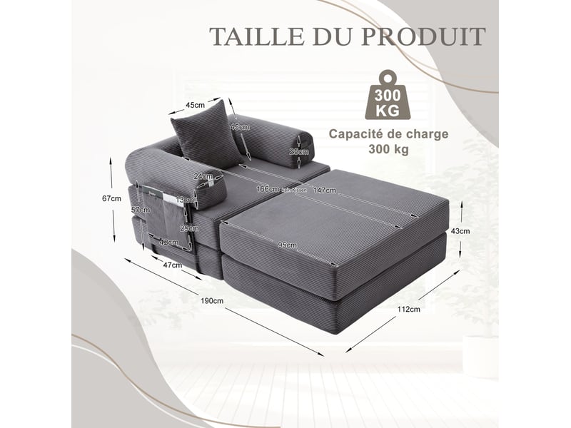  Fauteuil 1 place modulable ulevr en velours côtelé avec pouf, coussin et poche latérale, 190 x 112 x 67 cm, gris foncé  - Conforama C