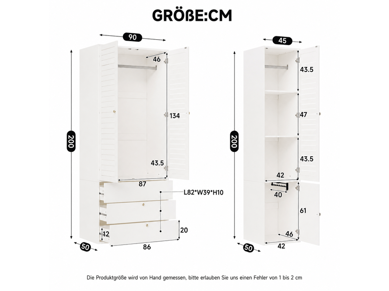  Armoire penderie 3 portes à persiennes, 2 tringles et 3 tiroirs 135x50x200 cm blanc  - Conforama C