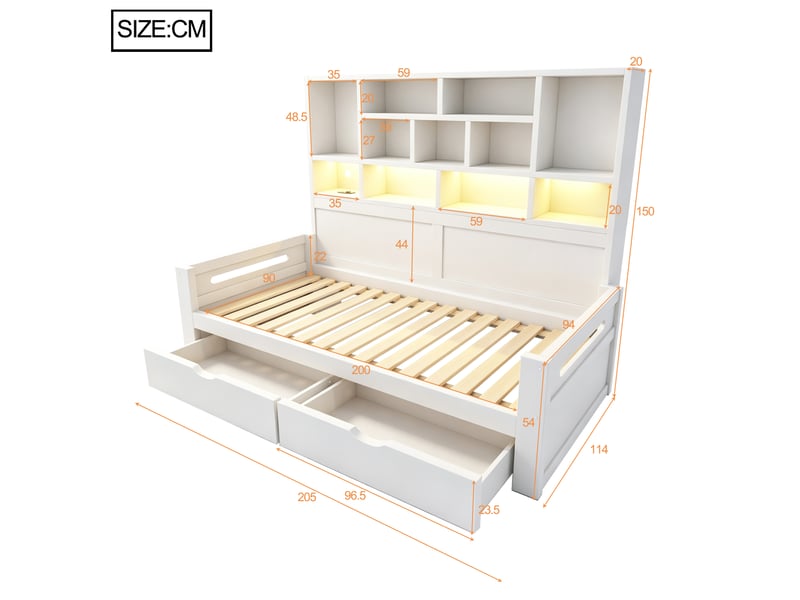 Lit banquette simple 90×200 cm avec rangement - okmyhome- led, prises et 2 tiroirs, sans matelas, mdf blanc - Conforama D