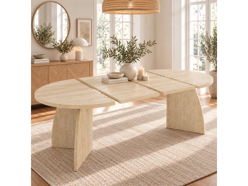  Table à manger extensible ovale 100140180x100x75 cm pour 4 à 8 personnes, plateau mdf effet bois, design moderne avec bords arrondis - travertin  - Conforama B