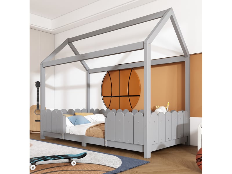  Lit cabane enfant 90x200 cm avec barrières et sommier à lattes gris  - Conforama D