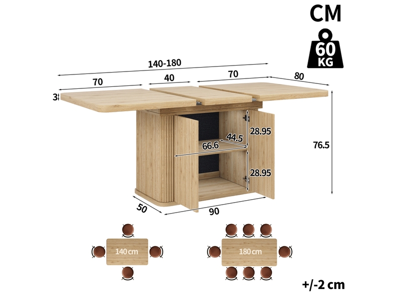  Table à manger extensible 140-180x80x76,5 cm, rangement caché, relief vertical, mdf et métal, décor bois clair  - Conforama C