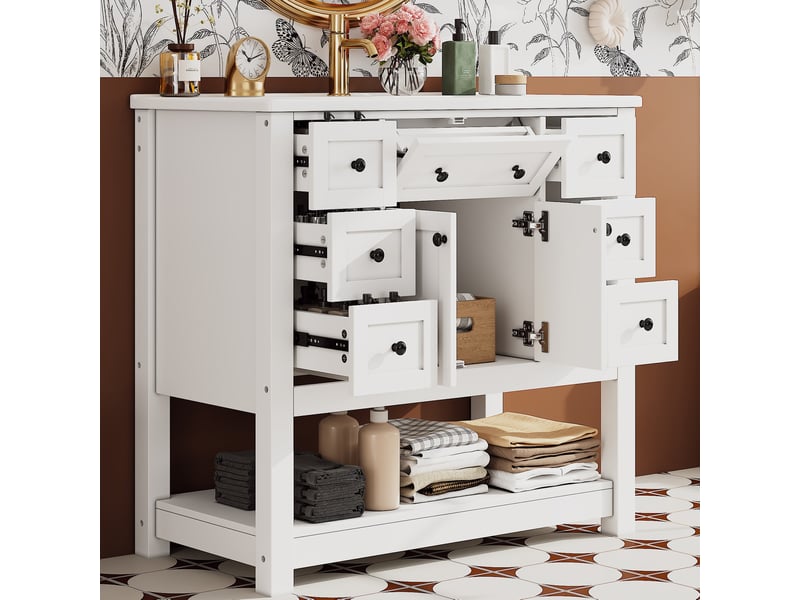 Meuble de salle de bain - 91,5x46x90 cm - meuble sur pied avec vasque céramique, 6 tiroirs, portes et étagère ouverte - blanc - Conforama D