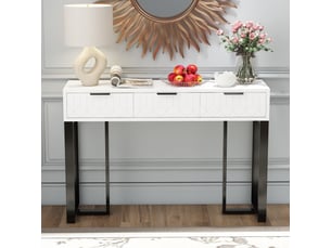 Table console moderne avec 3 tiroirs,repose-pieds réglables,poignées et cadre noirs,blanc