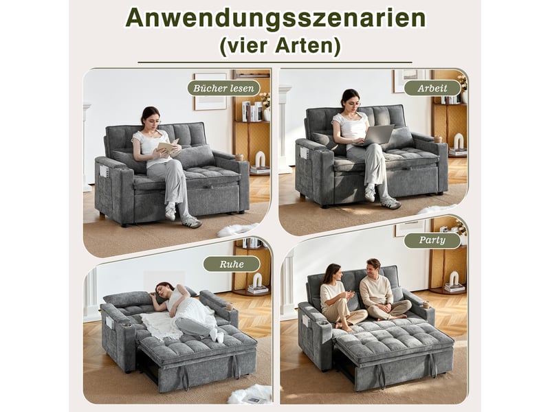 Anapé convertible 2 places 3 en 1 142x89x89 cm avec effet nuage, rangements accoudoirs, porte-gobelets, 2 coussins lombaires, chenille gris - Conforama E