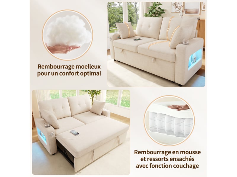  Korfee canapé convertible 2 places beige avec led, usbtype-c, rangement &amp; porte-gobelets, tissu chenille, 141cm  - Conforama E