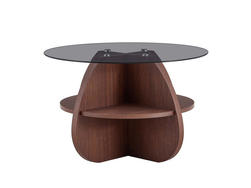  Table basse ronde avec rangement, verre trempé gris et structure effet noyer  - Conforama A