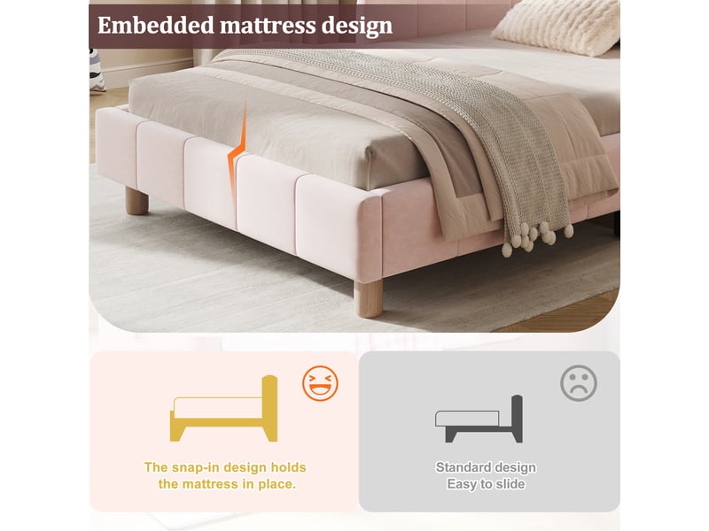  Lit enfant 90x200 cm - lit simple tapissier avec protection anti-chute, tête de lit ergonomique, pieds bois massif, velours rose  - Conforama D