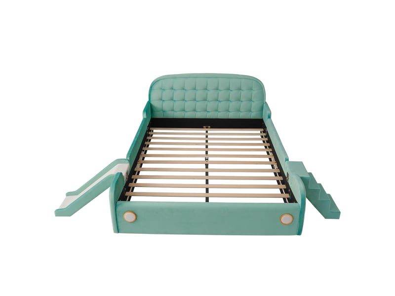  Lit enfant 140x200 cm avec sommier à lattes en velours bleu-vert  - Conforama W