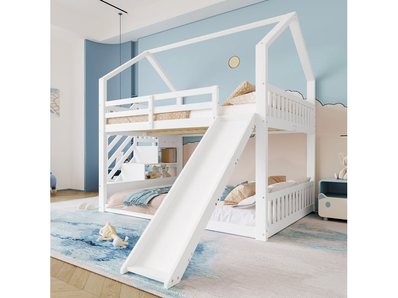  Lit superposé cabane 140x200 cm blanc avec escalier de rangement et toboggan  - Conforama D