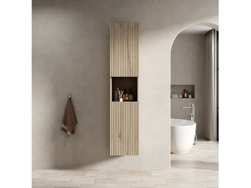 Armoire de salle de bain avec 2 portes, niche, étagères réglables et fermeture amortie, en contreplaqué chêne blanc - Conforama B