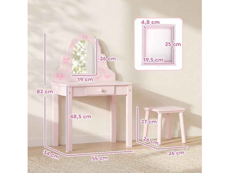  Coiffeuse enfant 2 en 1 55x34x82 cm rose en bois d'ingénierie, miroir amovible et tabouret pour fille de 3 à 6 ans  - Conforama C