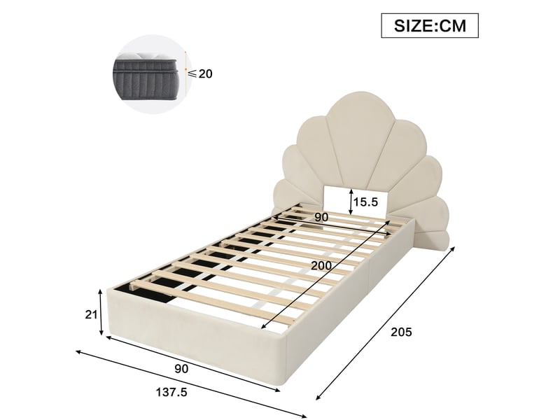  Lit simple enfant tête en pétales 90x200cm, velours finition beige sans matelas, style moderne compact  - Conforama C