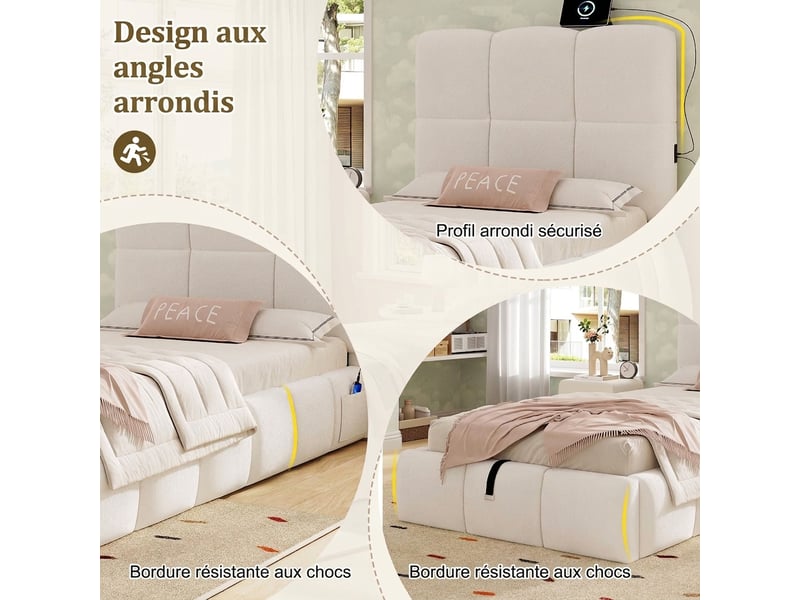  Lit enfant 90x200 coffre avec rangement tissu bouclette beige port usb intégré  - Conforama E