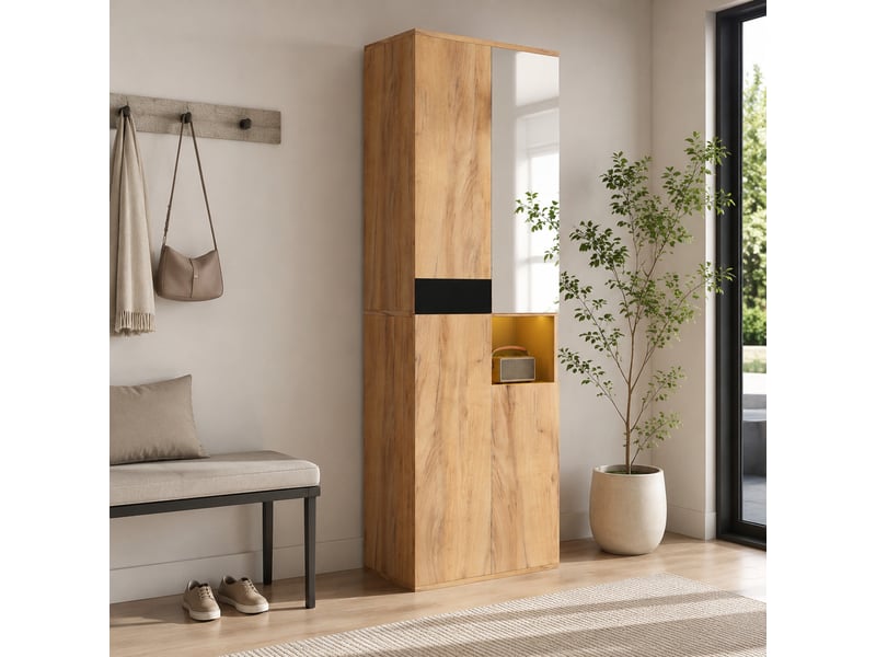  Armoire avec miroir, 4 portes, niche ouverte et 12 compartiments pour entrée noir et naturel 65 × 35 × 190 cm  - Conforama B