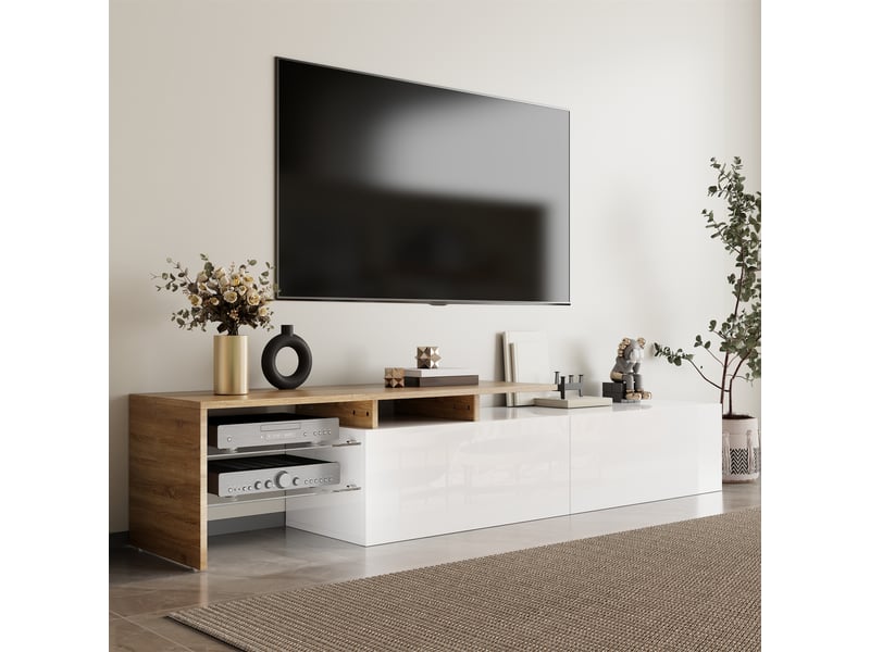 Meuble tv avec 2 niches et étagères en verre led pour salon 170×33×33,5 cm en panneaux de particules blanc naturel  - Conforama C