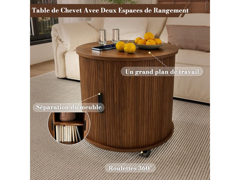  Table de chevet cylindrique avec prise et 2 usb mdf coloris noyer 60x60x60 cm  - Conforama E