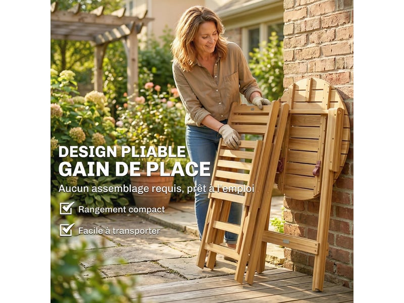  Salon de jardin pliable en bois d'acacia 1 table et 2 chaises naturel 60x60x75 cm  - Conforama E