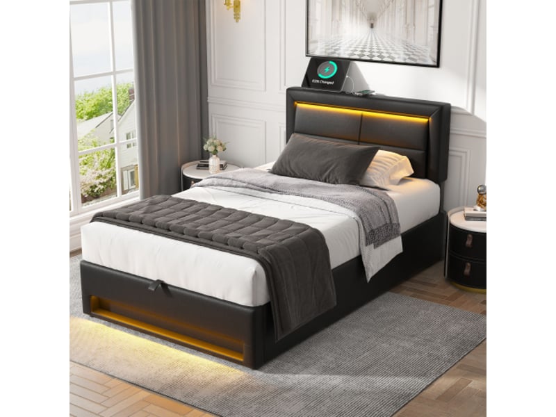 Lit coffre 90x200 cm, lit enfant avec port usb, éclairage led et espace de rangement, en pu, noir, sans matelas - Conforama B