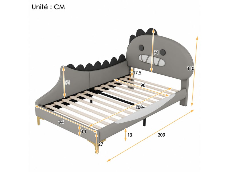  Lit enfant 90x200 cm en pu et mdf, lit simple avec tête dinosaure et entretien facile, gris, matelas non précisé  - Conforama D