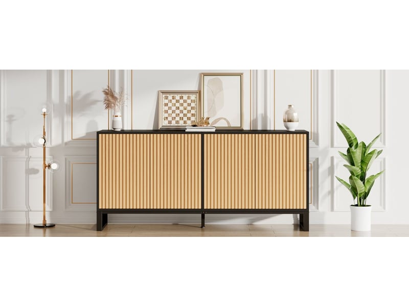  Buffet 4 portes battantes bahut espace de rangement étagères réglables en hauteur façade rainurée verticale corps noir  - Conforama E