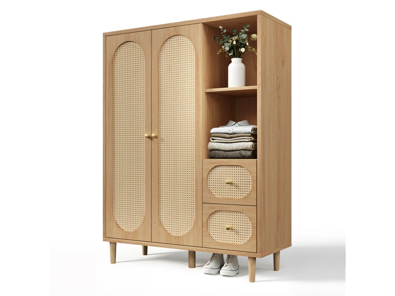 Vestiaire entrée 120x48x161 cm avec 2 portes, 2 tiroirs, étagères ouvertes, tringle et rangement pour chambre et entrée - chêne - Conforama A
