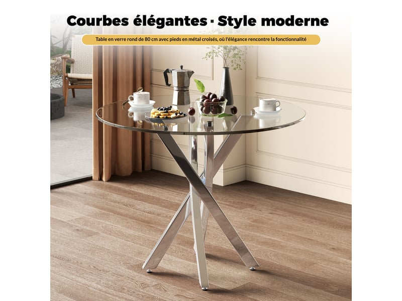  Table à manger ronde 80 x 80 x 75 cm, plateau en verre, pieds de table argentés Jamama eleni - Conforama E