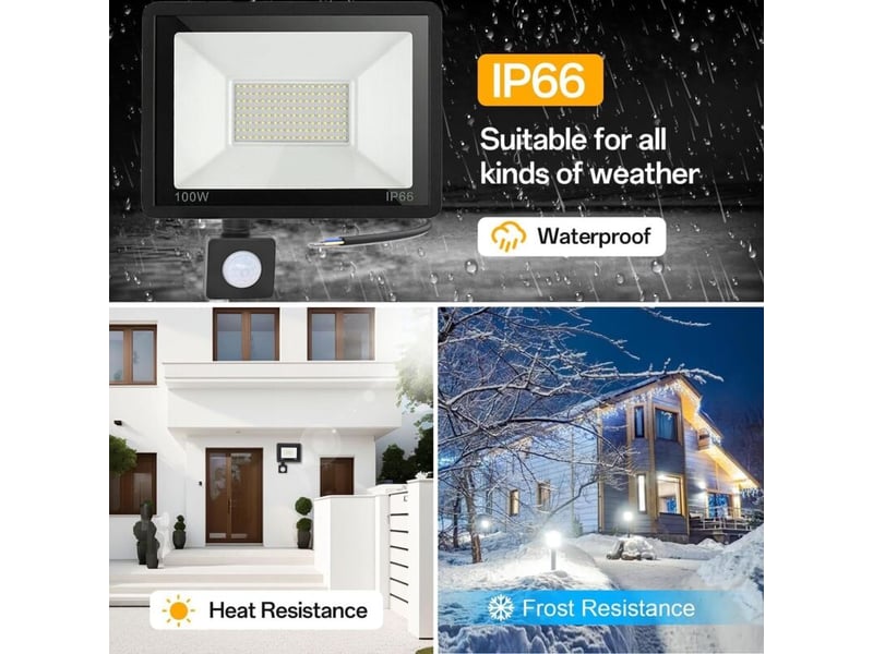  100w projecteur led détecteur de mouvement 10000 lm 6500k blanc froid étanche ip66, extérieur, garage  - Conforama D