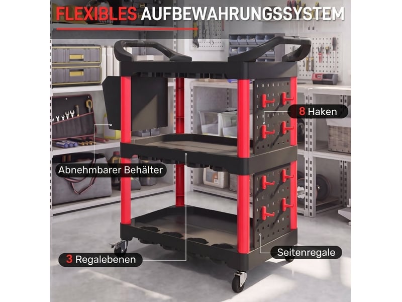  Chariot à outils 3 niveaux 95 x 43 x 96 cm noir et rouge en polypropylène avec panneaux perforés  - Conforama E