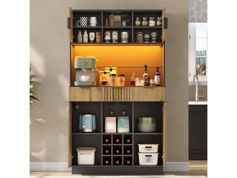 Armoire de cuisine meuble bar 105x40x180 cm - led et prises - 3 tiroirs - range-bouteilles - mdf - noir et bois naturel  - Conforama E