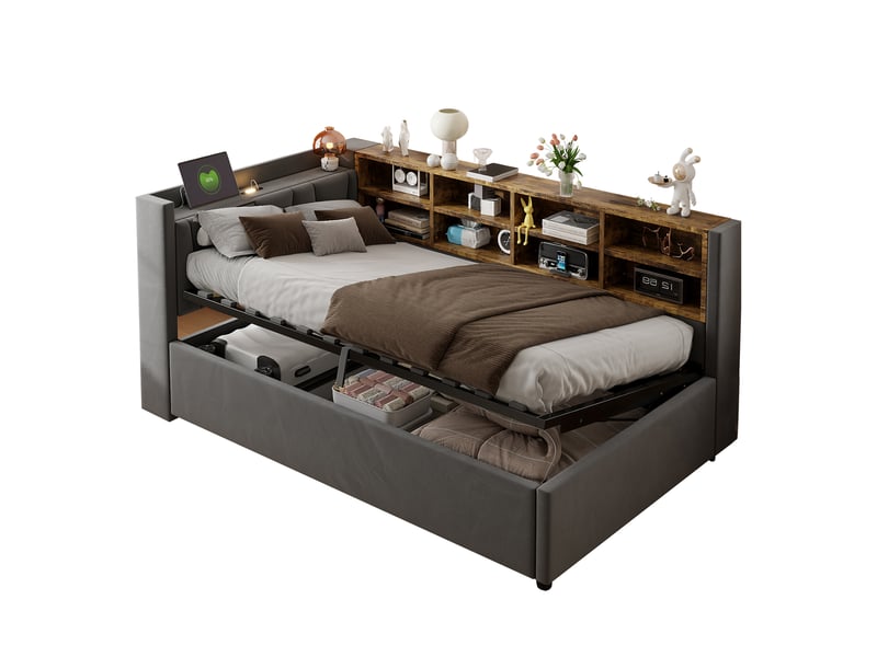  Canapé-lit avec rangement 90 x 200 cm – avec éclairage – avec ports de charge usb et type-c – avec compartiments de rangement – ​​gris foncé (matelas non inclus)  - Conforama A