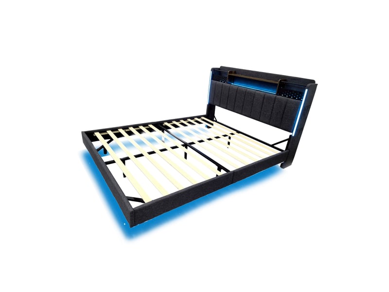  Lit double 160 × 200 cm en lin gris, tête de lit avec rangement, led, usb et effet flottant Fay Lum - Conforama D