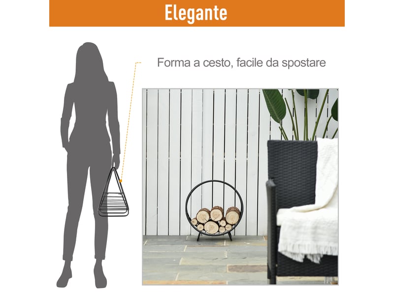 Porte-bûches en métal noir, panier avec poignée, intérieur et extérieur, 45 x 29,5 x 47 cm - Conforama W
