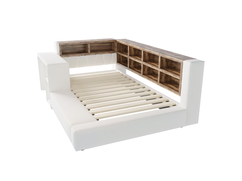 Lit capitonné 90 x 200 cm, avec revêtement capitonné, compartiments de rangement à plusieurs niveaux, éclairage led, prises intégrées dans la tête de lit, table de chevet, dossier capitonné, beige  - Conforama D
