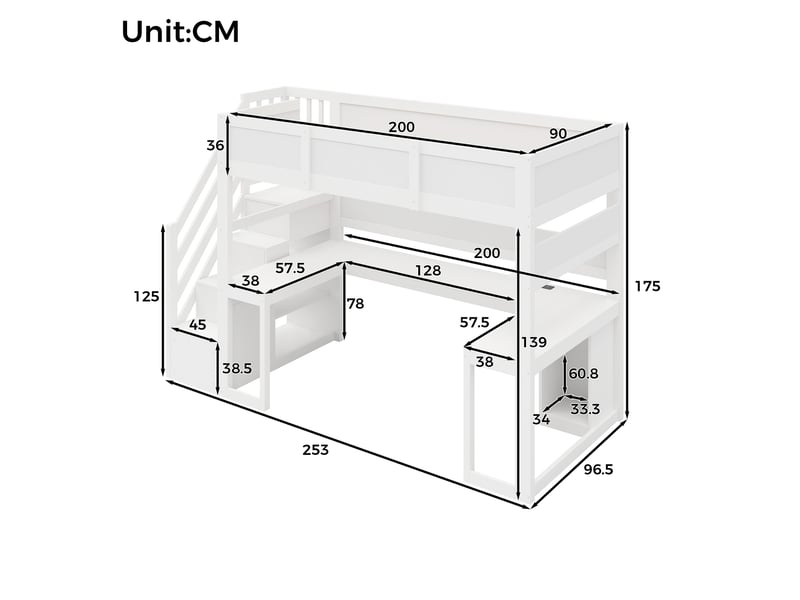  Lit mezzanine pour gamer 90x200 cm, bureau intégré, escalier rangement, led, port usb, mdf, blanc sans matelas  - Conforama C
