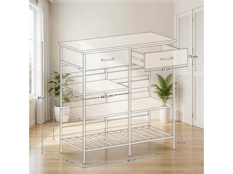  Buffet de cuisine industriel, meuble de rangement 2 tiroirs et étagères, cadre en acier robuste, 90x40x91 cm, bois naturel et noir  - Conforama R