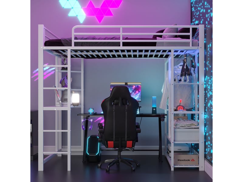  Lit mezzanine 90x200 cm avec bureau et penderie - lit simple - étagères, métal blanc robuste, design moderne, gain de place  - Conforama B