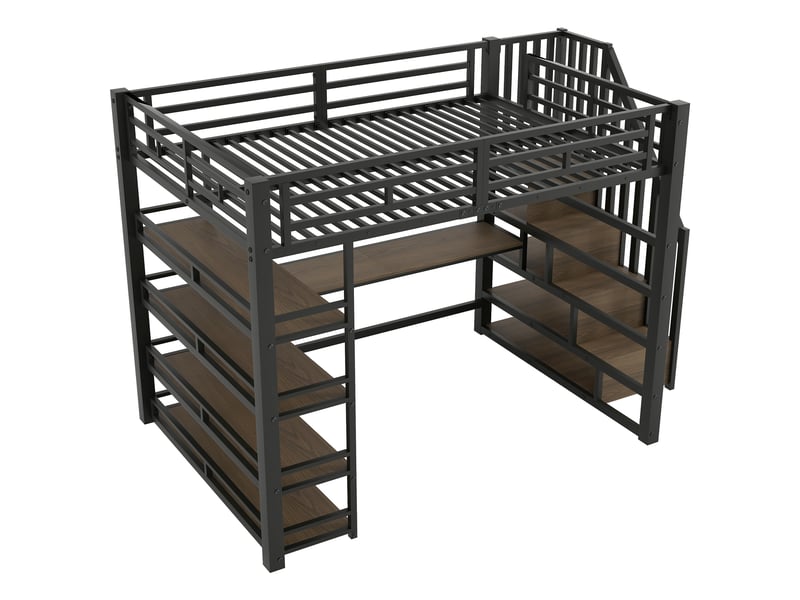 Lit mezzanine 140x200cm avec bureau intégré, escalier de rangement, station usb et éclairage led, métal noir evarich - Conforama D