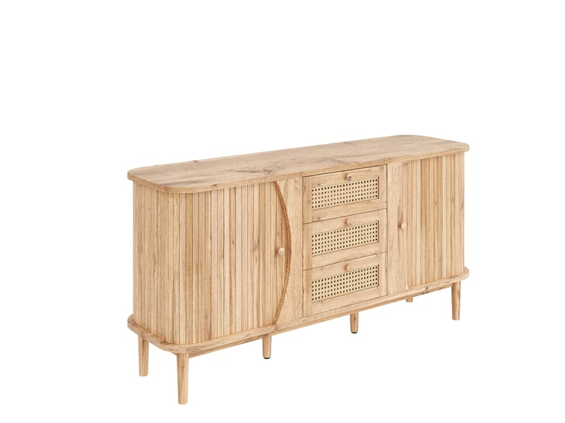 Buffet en rotin, portes coulissantes, étagères réglables, plateau incurvé, bois - Conforama A