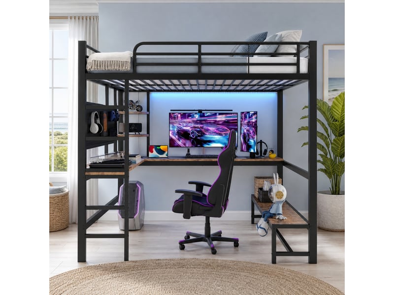 Lit mezzanine double 140×200 cm bureau, led, usb et type-c - sans matelas métal mdf noir - Conforama C