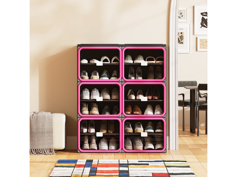  Meuble à chaussures pliable - 85x33,5x104,3 cm - meuble de rangement à 2 colonnes et 6 niveaux - noir et rose  - Conforama C