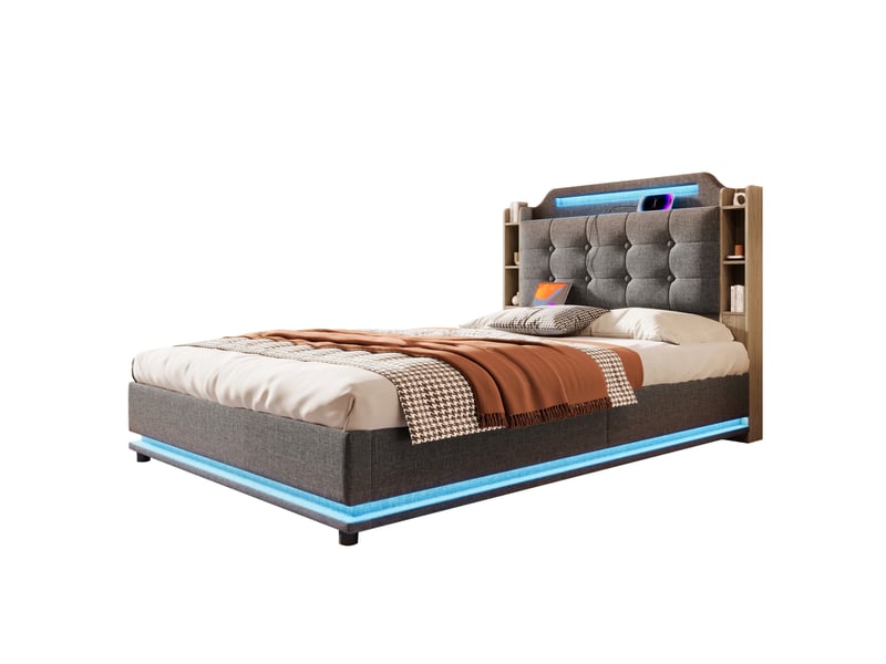  Lit coffre 140x200 cm gris avec bandeau led, usbtype-c et rangement hydraulique  - Conforama A
