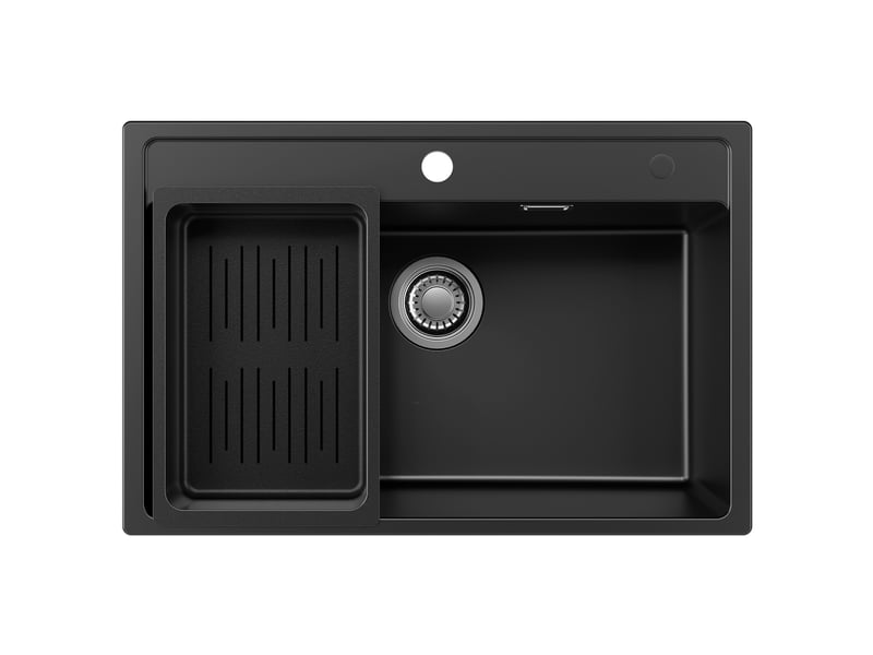 Anycee max évier en granit 70x46cm - évier de cuisine - évier simple avec panier égouttoir et siphon - kit d’évacuation et trop-plein - Conforama A