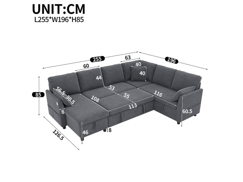 Canapé d'angle en l ou en u – 6 places – avec coffre de rangement – avec ports usbtype-c – avec 3 coussins – gris - Conforama C